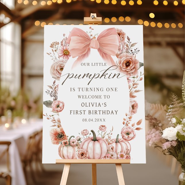 Pink Bow Floral Pumpkin Birthday Welcome Poster (Créateur téléchargé)