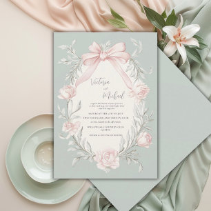 Pink Bow Floral Sage Green Vintage Wedding Invitation