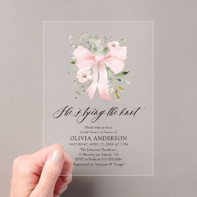 Pink Bow Floral She's Tying the Knot Bridal Shower Acrylic Invitations (Insitu (Handheld))