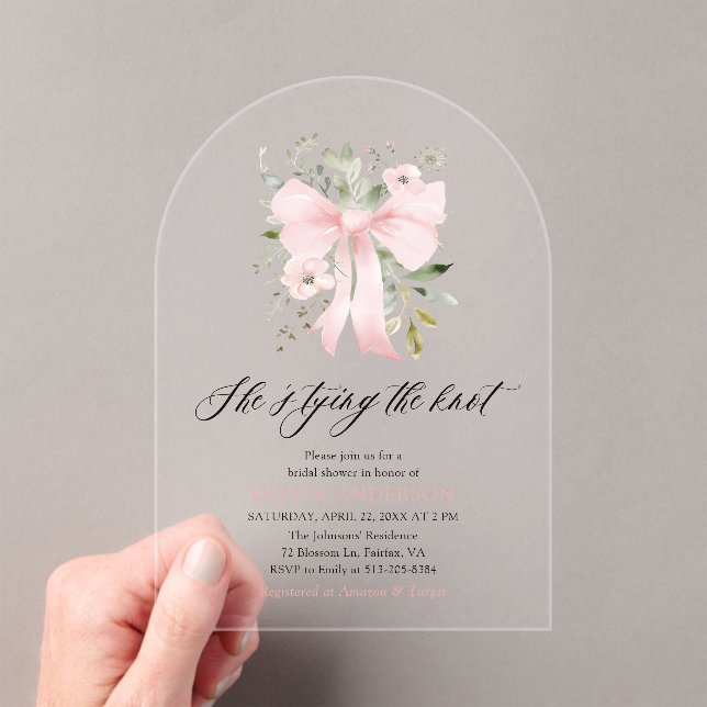 Pink Bow Floral She's Tying the Knot Bridal Shower Acrylic Invitations (Insitu (Handheld))