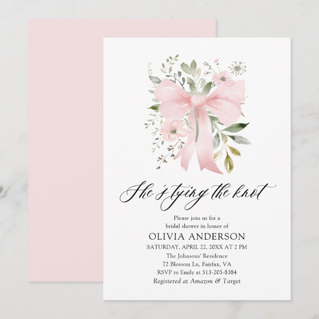 Pink Bow Floral She's Tying the Knot Bridal Shower Invitation (Front/Back)