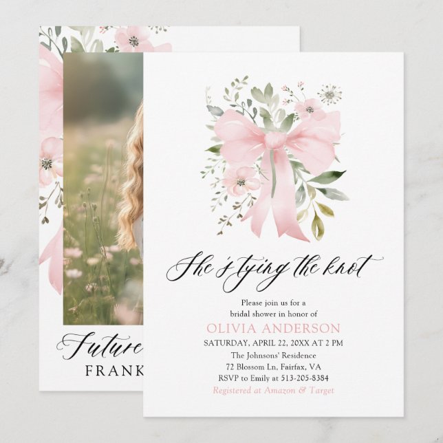 Pink Bow Floral She's Tying the Knot Bridal Shower Invitation (Front/Back)