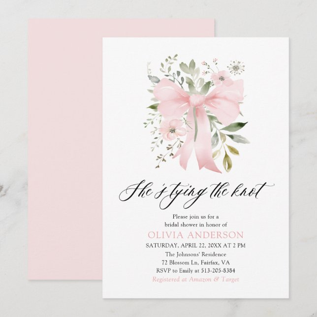 Pink Bow Floral She's Tying the Knot Bridal Shower Invitation (Front/Back)