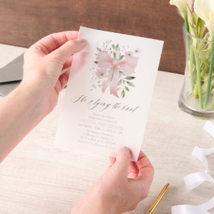 Pink Bow Floral She's Tying the Knot Bridal Shower Vellum Invitations