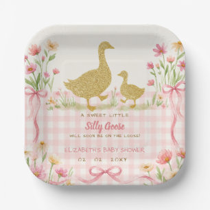 Pink Bow Floral Silly Goose Girl Baby Shower Paper Plate
