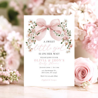 Pink Bow Floral Sweet Little Girl Baby Shower Invitation