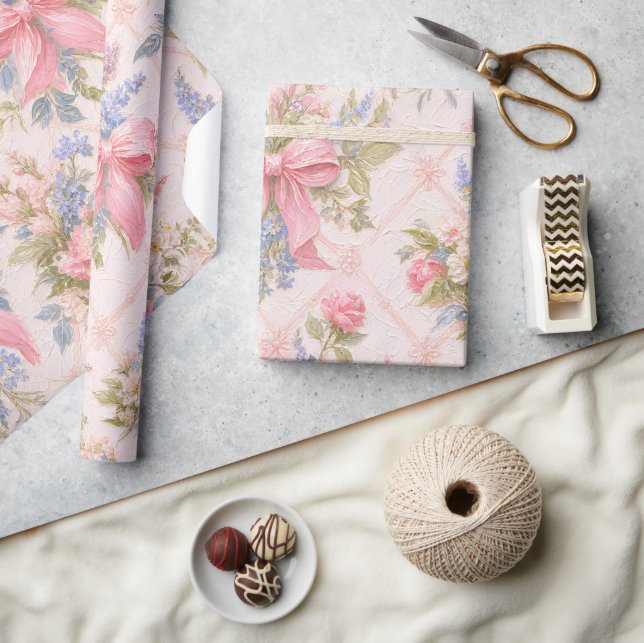 Pink Bow Floral Vintage Gift  Wrapping Paper (Crafts)