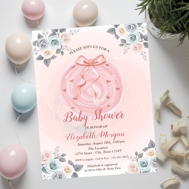 Pink Bow Floral Watercolor Baby Shower  Invitation (Creator Uploaded)