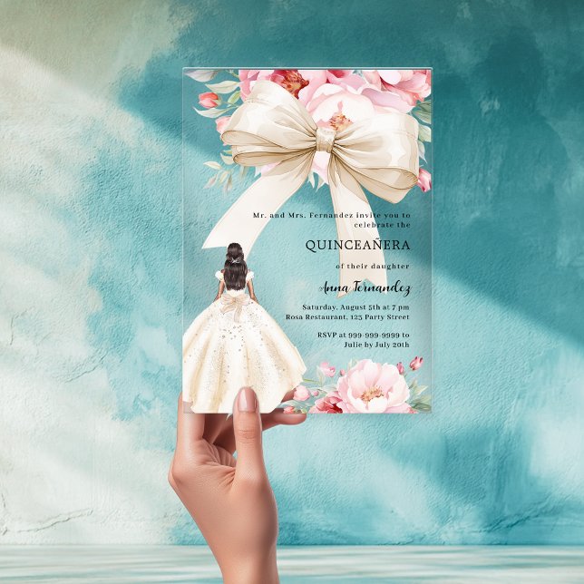 Pink  bow florals cream dress clear Quinceanera Acrylic Invitations (Creator Uploaded)