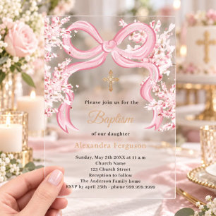 Pink bow florals girl clear Baptism Acrylic Invitations