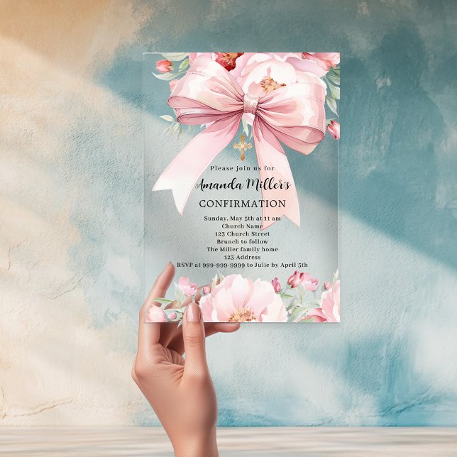 Pink bow florals girl clear Confirmation Acrylic Invitations (Creator Uploaded)