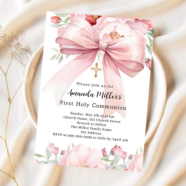 Pink bow florals girl First Communion Invitation (Creator Uploaded)