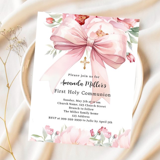 Pink bow florals girl First Communion invitation (Creator Uploaded)