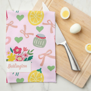 Pink bow flowers handrawing lemon pattern trendy kitchen towel
