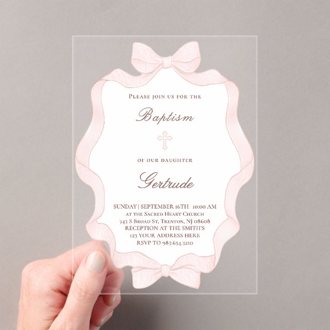  pink bow frame Baptism  Acrylic Invitations (Insitu (Handheld))