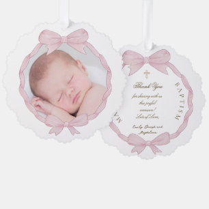 pink bow frame Baptism thank you Ornament Card