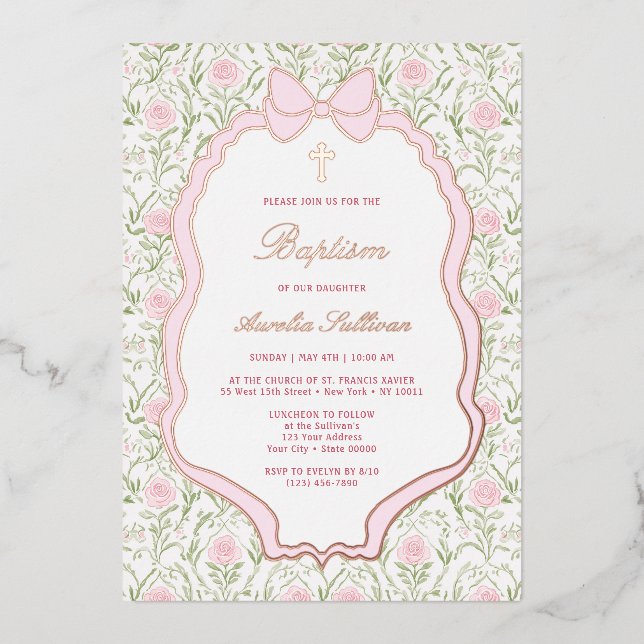 Pink Bow Frame Roses Baptism (Front)