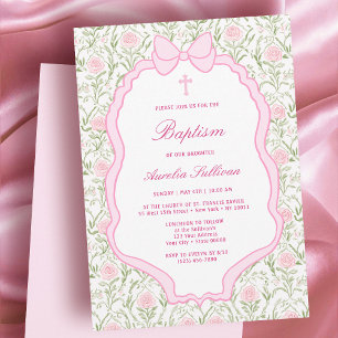 Pink Bow Frame Roses Baptism Invitation