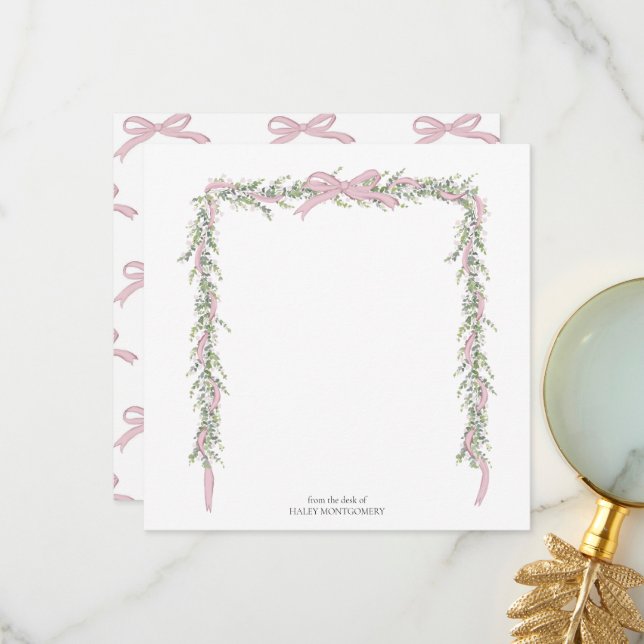 Pink Bow Garland Envelope Liner Thank You Card (Front/Back In Situ)