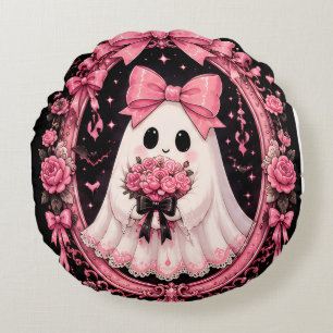 Pink Bow Ghost Ballerina Coquette Halloween Round Pillow
