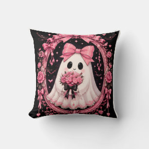 Pink Bow Ghost Ballerina Coquette Halloween Throw Pillow