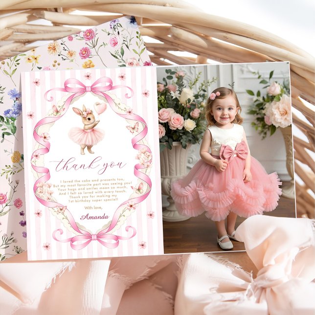 Pink Bow Gingham Bunny 1st Birthday Thank You Card (Creator Uploaded)