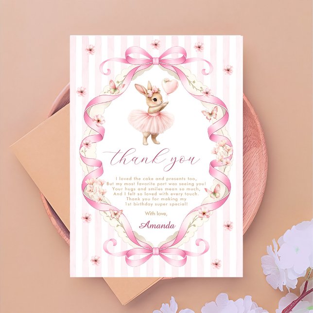 Pink Bow Gingham Bunny 1st Birthday Thank You Card (Creator Uploaded)