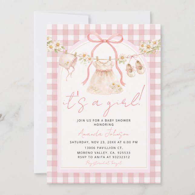 Pink Bow Gingham Daisy Clothesline I Invitation (Front)