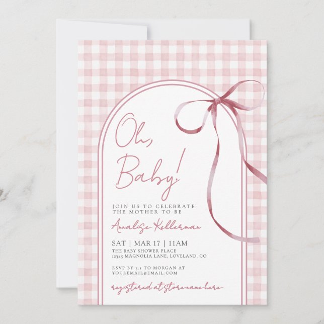 Pink Bow Gingham Girly Baby Shower Invitation (Front)