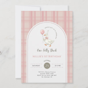 Pink Bow Gingham One Silly Duck 1st Birthday Party Invitation