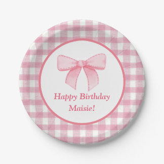 Pink Bow Gingham Paper Plate 