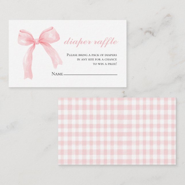 Pink bow gingham preppy baby shower Diaper Raffle Enclosure Card (Front/Back)