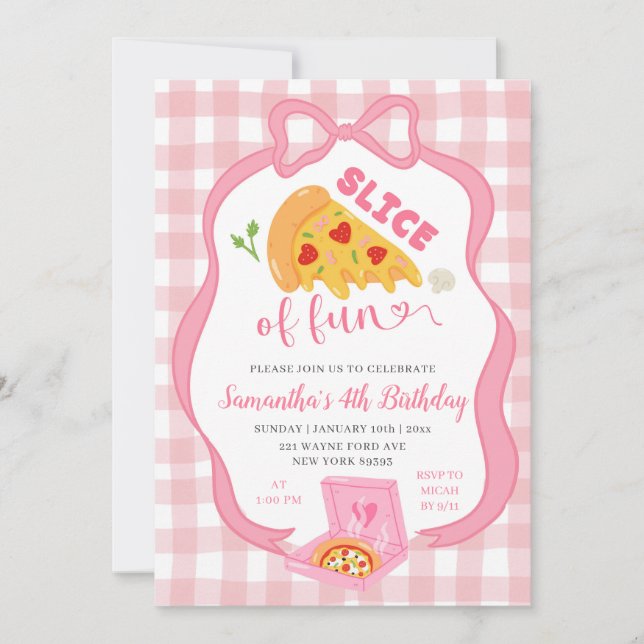 Pink Bow Gingham Slice of Fun pizza birthday  Invitation (Front)