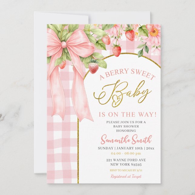 Pink Bow Gingham Strawberry Baby Shower Invitation (Front)