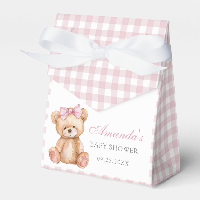 Pink Bow Gingham Teddy Bear Baby Shower Favor Box (Front Side)