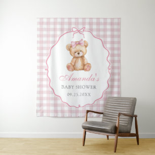 Pink Bow Gingham Teddy Bear Baby Shower Tapestry