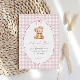Pink Bow Gingham Teddy Bear Baby Shower Thank You Card