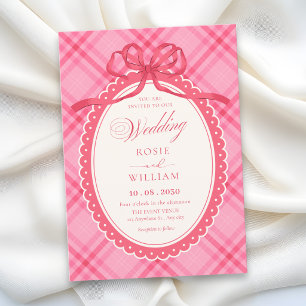 Pink bow gingham wedding invitation