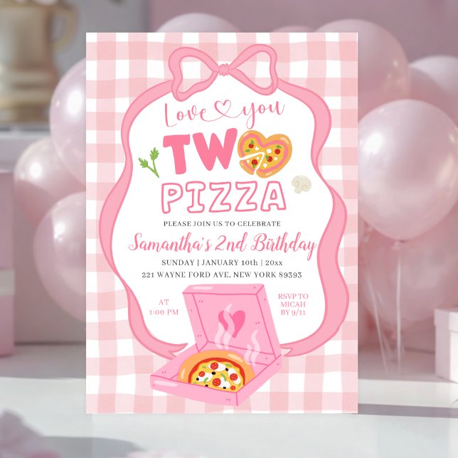 Pink Bow GinghamLove you TWO pizza birthday Invitation (Creator Uploaded)