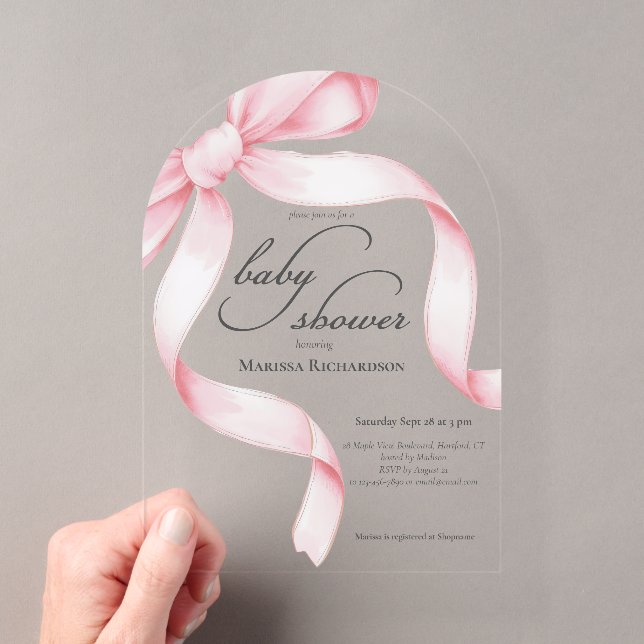 Pink Bow Girl Baby Shower Acrylic Invitations (Insitu (Handheld))