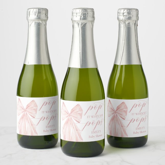 Pink Bow Girl Baby Shower Favours Sparkling Wine Label (Bottles)
