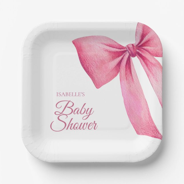 Pink Bow Girl Baby Shower Paper Plate (Front)