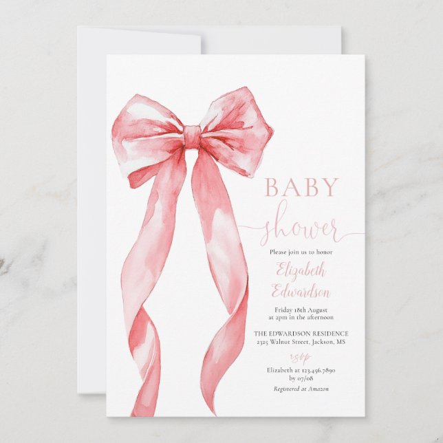 Pink Bow Girl Baby Shower Photo QR Code Invitation (Front)