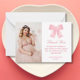  pink bow girl baby shower photo thank you card