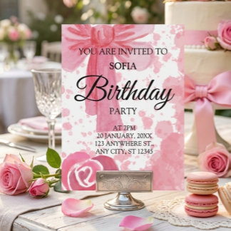 Pink Bow Girl Birthday Invitation Postcard