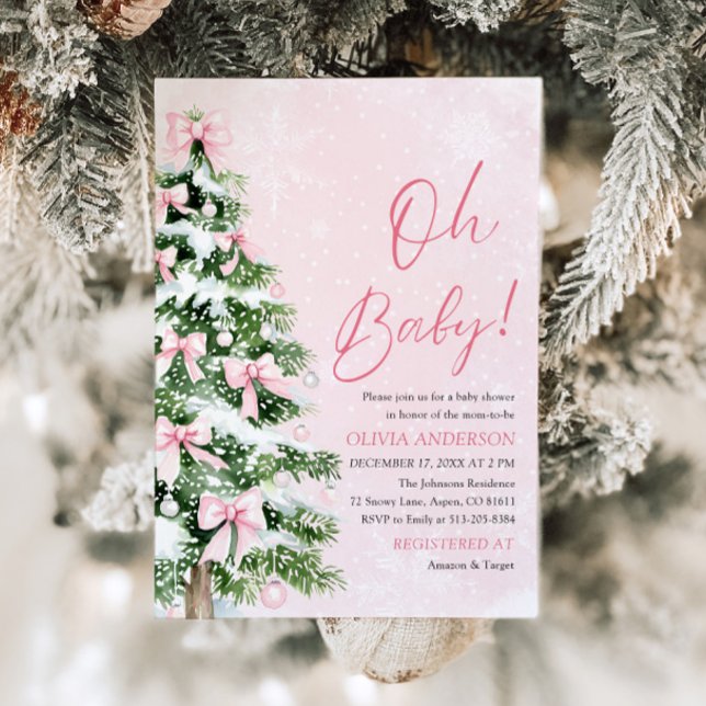 Pink Bow Girl Christmas Tree Oh Baby Baby Shower Invitation (Creator Uploaded)