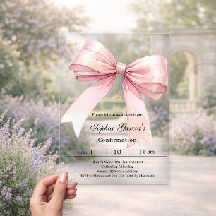 Pink bow girl clear Confirmation Acrylic Invitations