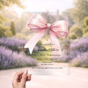 Pink bow girl clear First Communion Acrylic Invitations