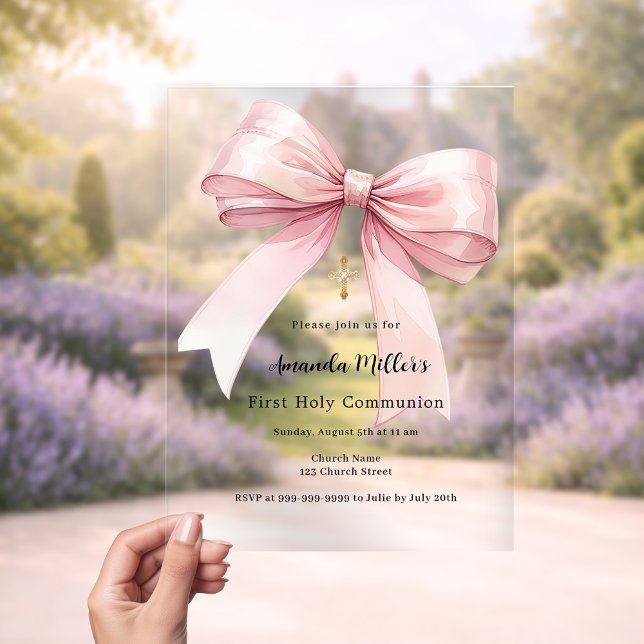 Pink bow girl clear First Communion Acrylic Invitations (Creator Uploaded)