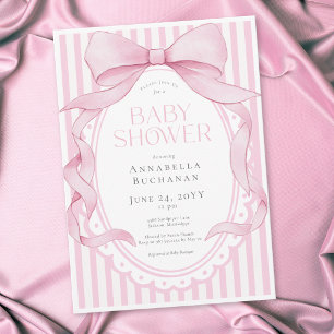 Pink Bow Girl Coquette Striped Baby Shower Invitation